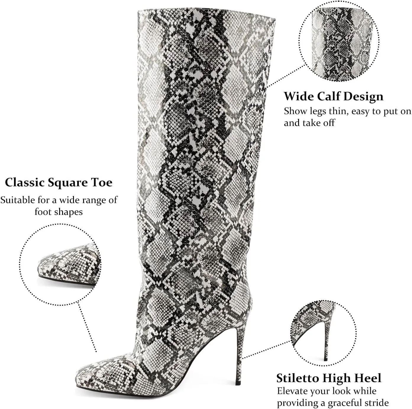 LingxiaUne Knee High Boots for Women Stylish Tall Boots With Square Toe Stiletto High Heel Pull On Women's Wide Calf Boots Classic Heeled Shoes For Ladies Party Prom Dressy Fall Winter Fashion