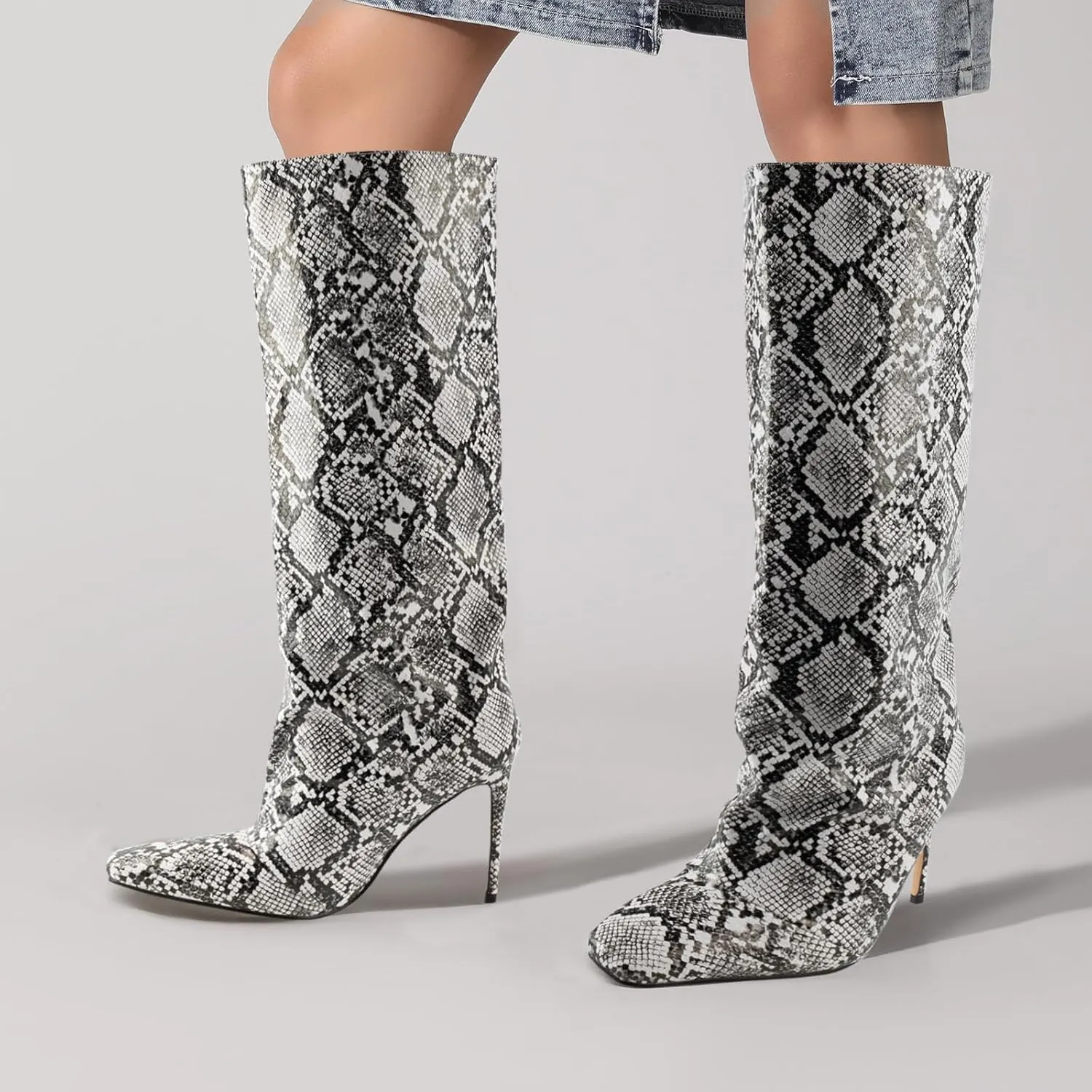 LingxiaUne Knee High Boots for Women Stylish Tall Boots With Square Toe Stiletto High Heel Pull On Women's Wide Calf Boots Classic Heeled Shoes For Ladies Party Prom Dressy Fall Winter Fashion
