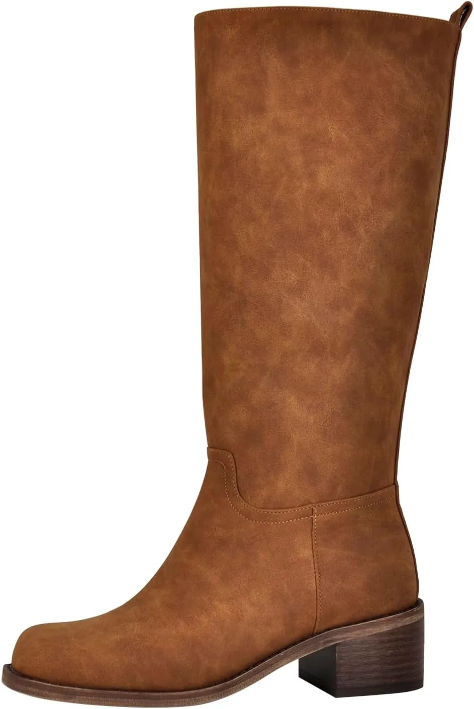 LISHAN Women's Under the Knee High Boots Pull On Square Toe Block Low Heels