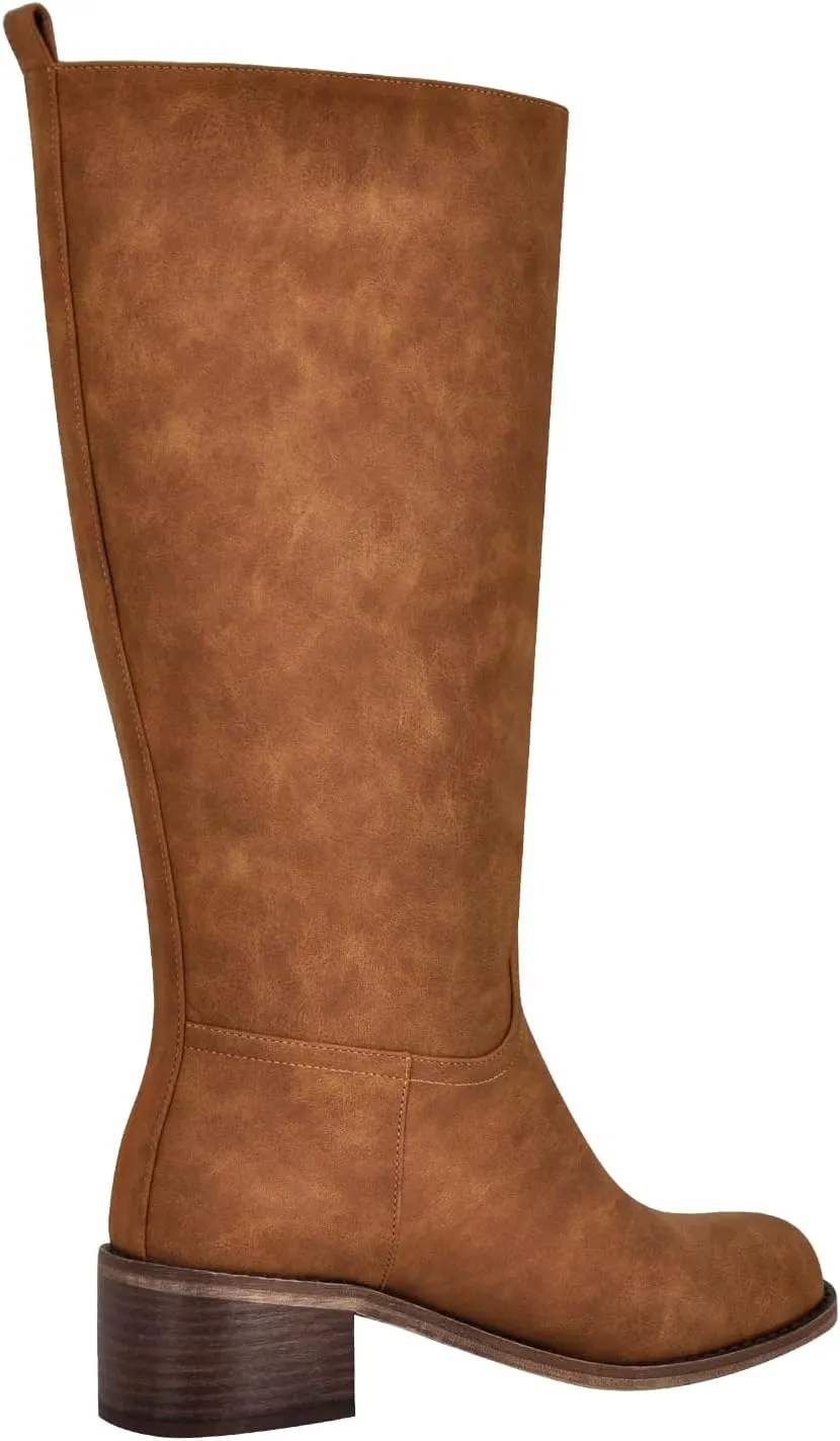 LISHAN Women's Under the Knee High Boots Pull On Square Toe Block Low Heels