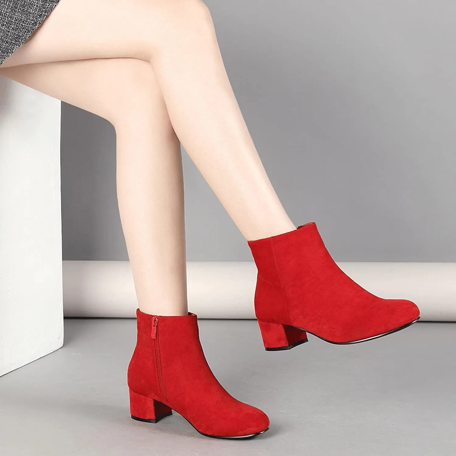 LIURUIJIA Women's Suede Ankle Boots Low Heel Leather Booties Side Zippers Round Toe Short Boots