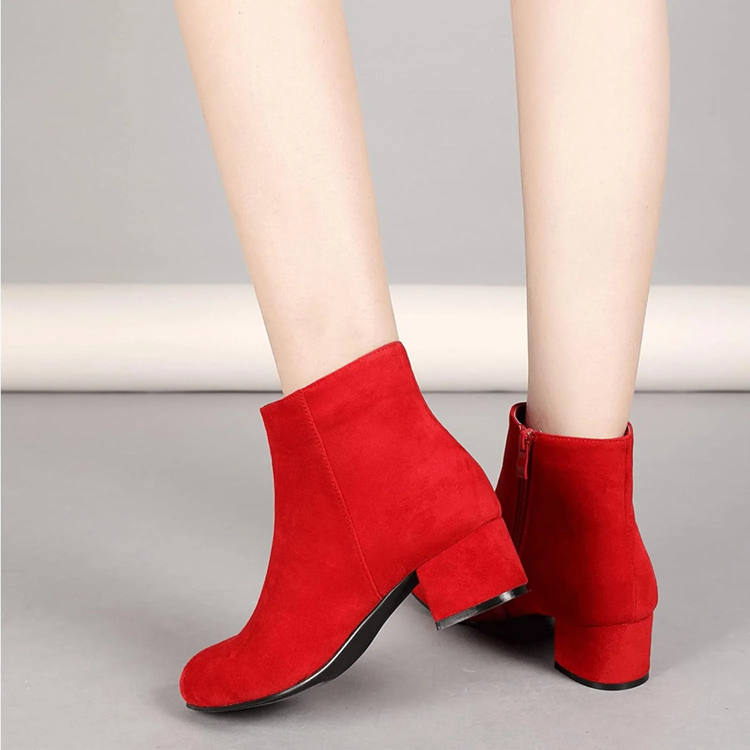 LIURUIJIA Women's Suede Ankle Boots Low Heel Leather Booties Side Zippers Round Toe Short Boots