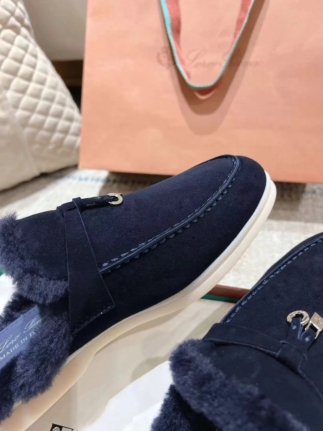 LP Charms Walk Babouche Loafer Space Blue Suede With Rabbit Fur Lining 206227