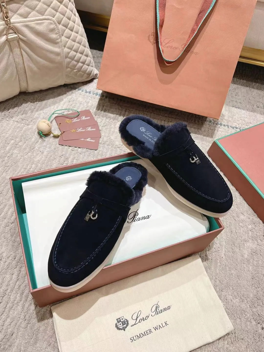 LP Charms Walk Babouche Loafer Space Blue Suede With Rabbit Fur Lining 206227