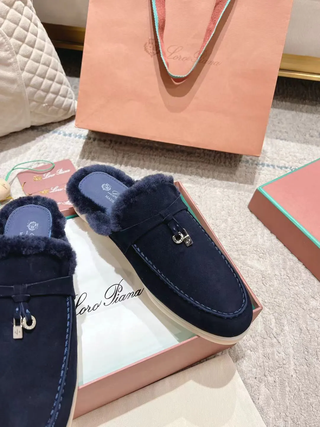 LP Charms Walk Babouche Loafer Space Blue Suede With Rabbit Fur Lining 206227
