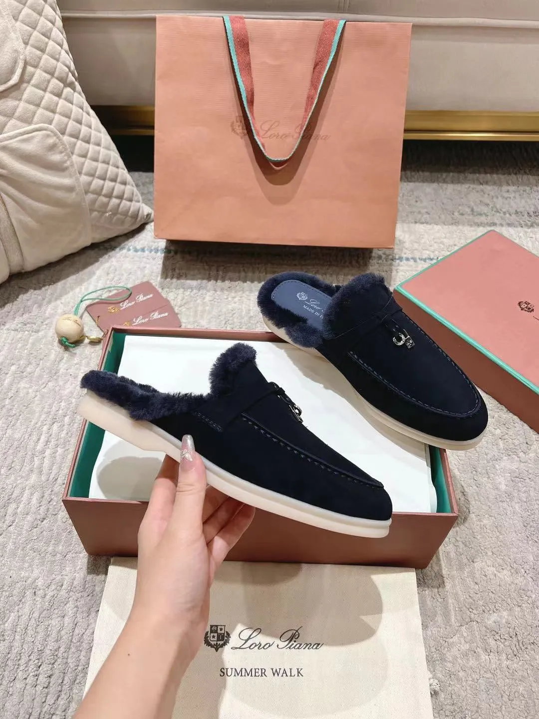 LP Charms Walk Babouche Loafer Space Blue Suede With Rabbit Fur Lining 206227
