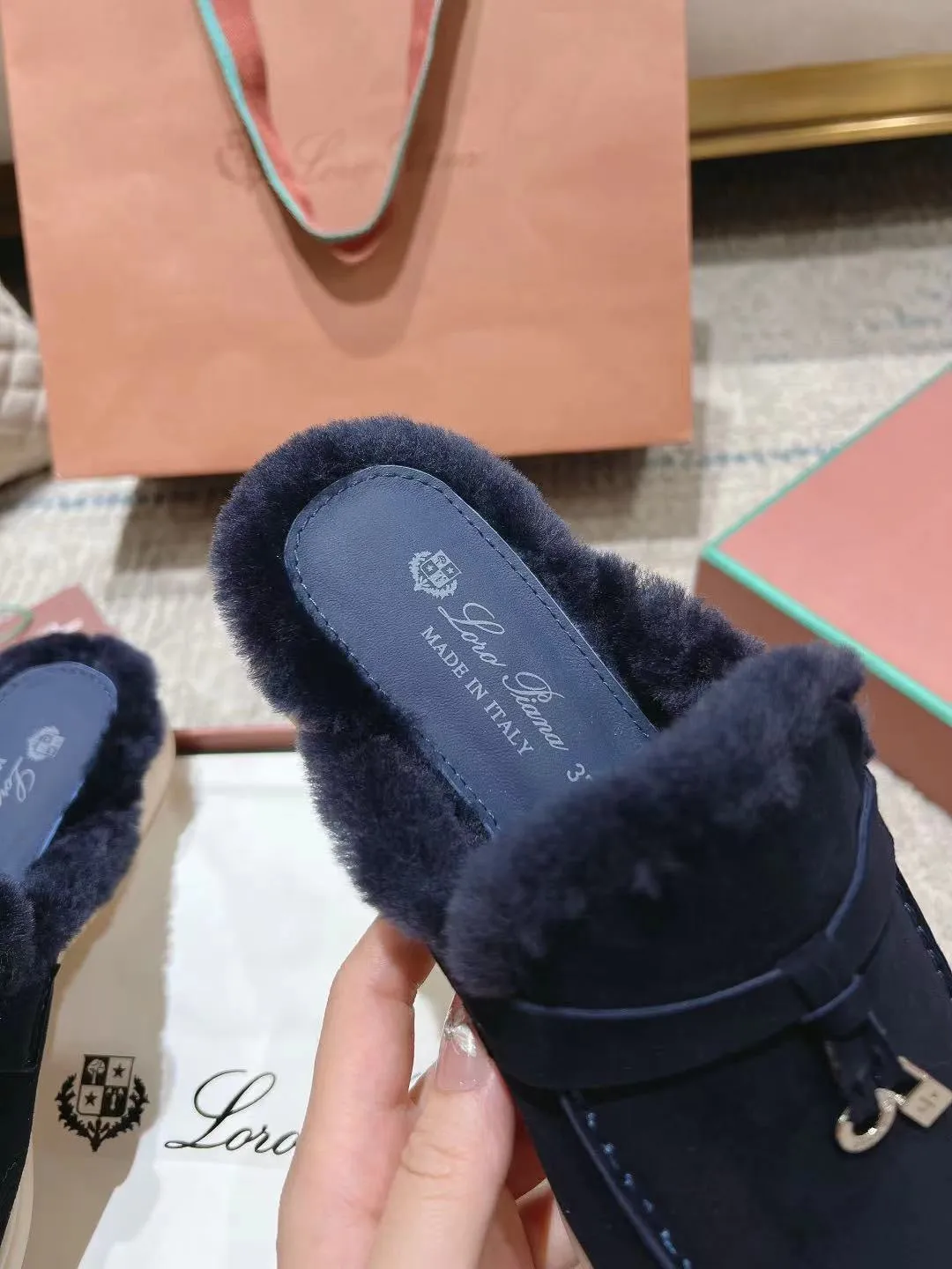 LP Charms Walk Babouche Loafer Space Blue Suede With Rabbit Fur Lining 206227