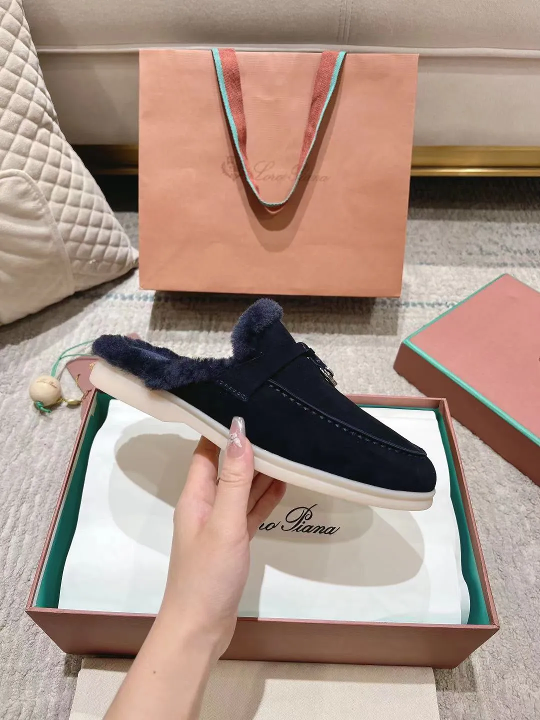 LP Charms Walk Babouche Loafer Space Blue Suede With Rabbit Fur Lining 206227