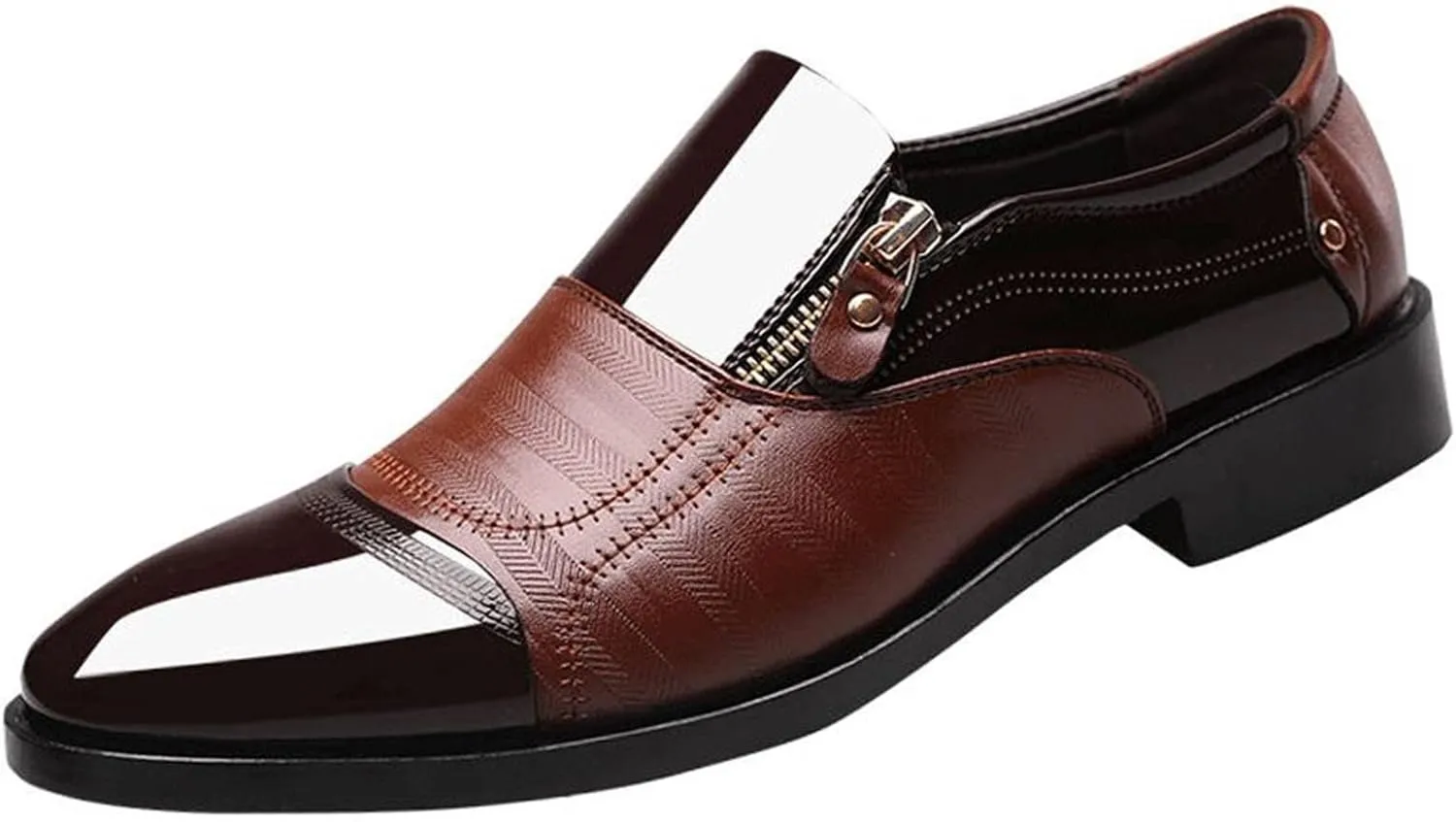 Mens Casual Business Formal Shoes Pionted Toe Patent Leather Shoes with Side Zipper Cap Toe Slip on Oxfords for Men Office Dress Shoe Arch Support Walking Oxfords Modern Dress Suit (Brown, 11)