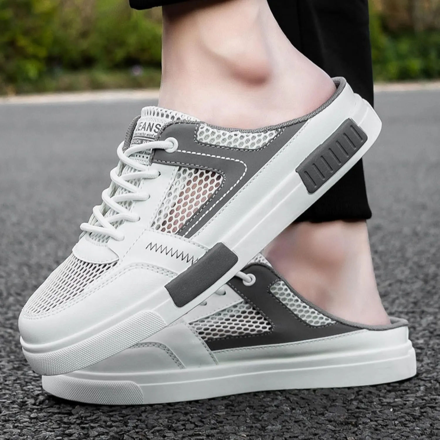 Mens Casual Slippers Summer Breathable Mesh Sandals, Lightweight Backless Sneakers Slip-on Low-Top Walking Mesh Shoes Outdoor Beach Shoes