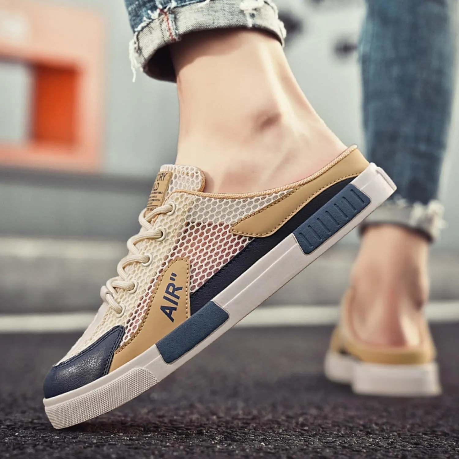 Mens Casual Slippers Summer Breathable Mesh Sandals, Lightweight Backless Sneakers Slip-on Low-Top Walking Mesh Shoes Outdoor Beach Shoes