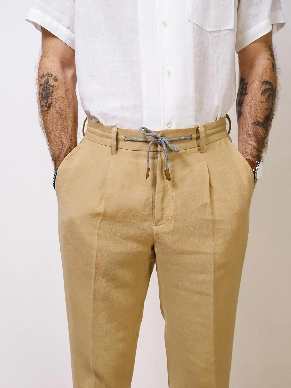Men's Cotton Linen Pants Summer Drawstring Elastic Waist Vintage Lounge Trouser Lightweight Straight Legs