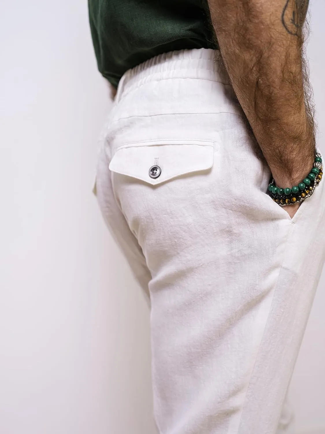 Men's Cotton Linen Pants Summer Drawstring Elastic Waist Vintage Lounge Trouser Lightweight Straight Legs