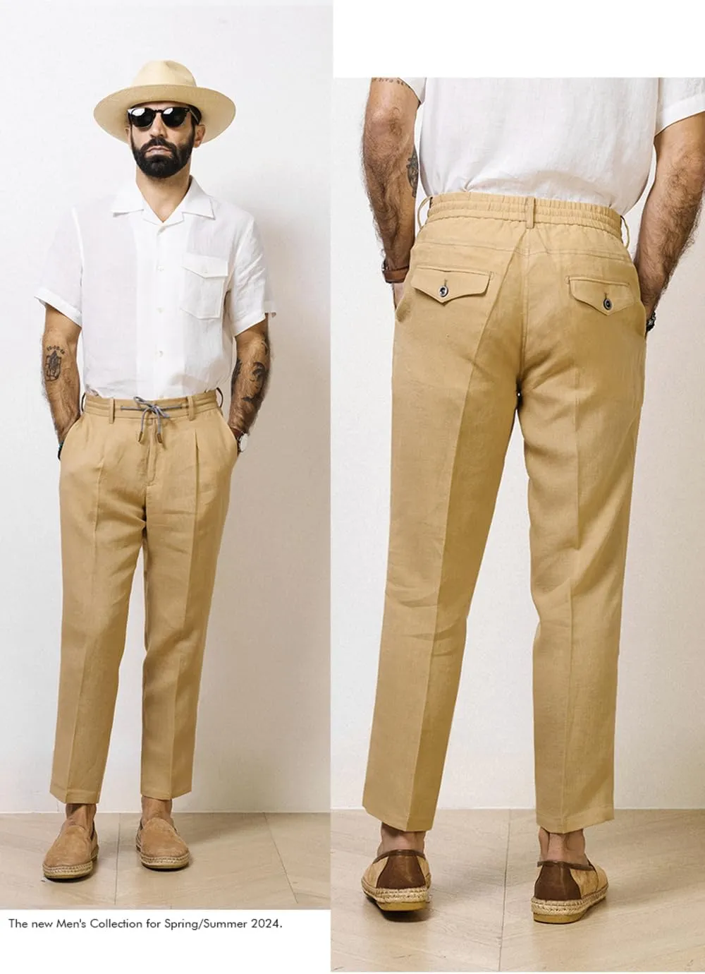 Men's Cotton Linen Pants Summer Drawstring Elastic Waist Vintage Lounge Trouser Lightweight Straight Legs