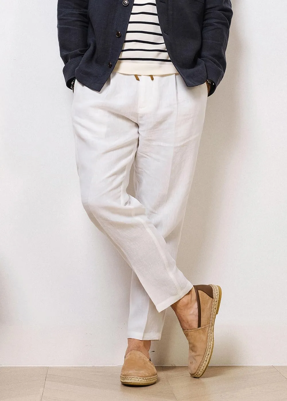 Men's Cotton Linen Pants Summer Drawstring Elastic Waist Vintage Lounge Trouser Lightweight Straight Legs