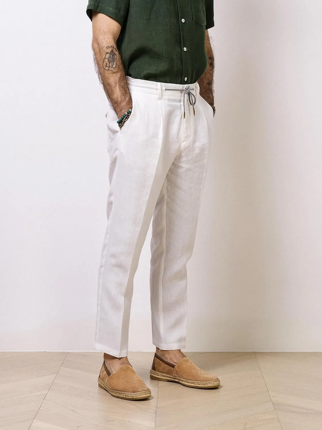 Men's Cotton Linen Pants Summer Drawstring Elastic Waist Vintage Lounge Trouser Lightweight Straight Legs