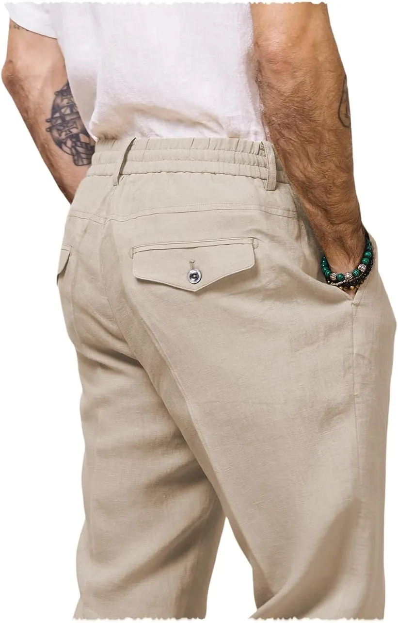 Men's Cotton Linen Pants Summer Drawstring Elastic Waist Vintage Lounge Trouser Lightweight Straight Legs