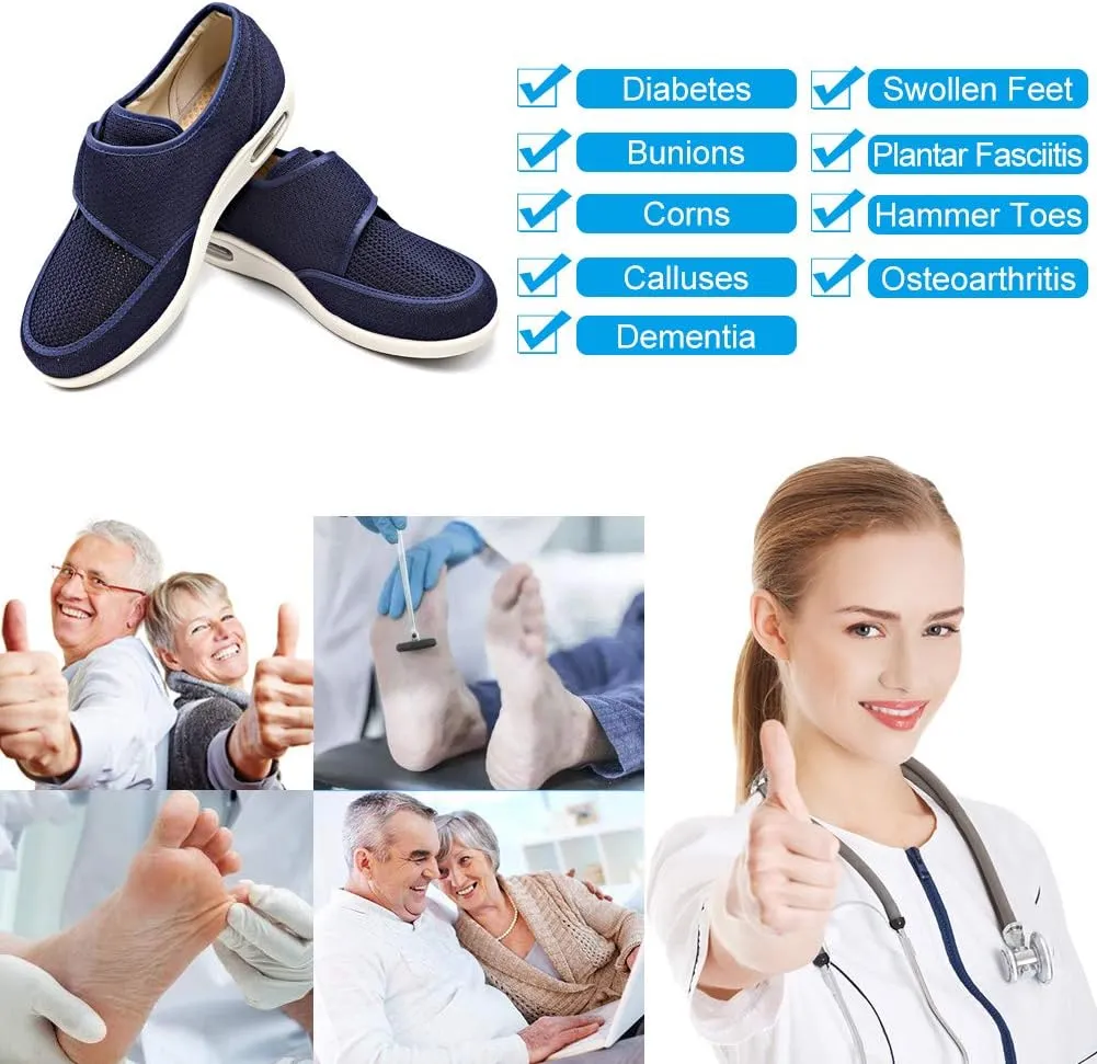 Mens Diabetic Edema Shoes Lightweight Walking Mesh Breathable Wide Sneakers Strap Adjustable Easy On and Off for Elderly, Swollen Feet, Plantar Fasciitis