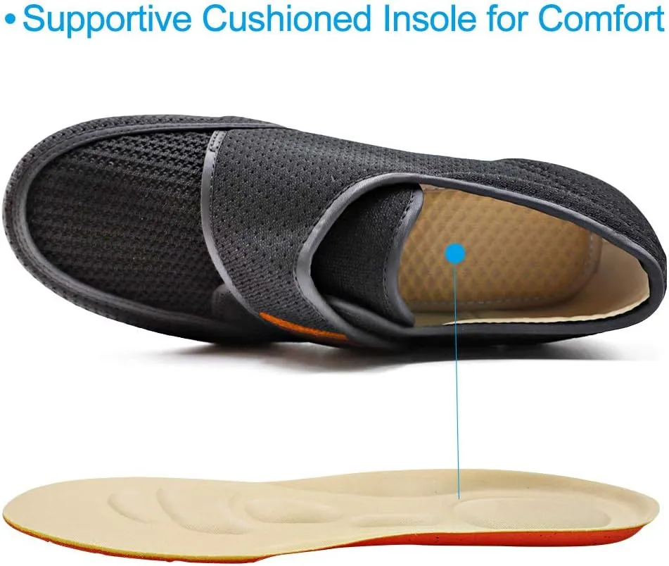 Mens Diabetic Edema Shoes Lightweight Walking Mesh Breathable Wide Sneakers Strap Adjustable Easy On and Off for Elderly, Swollen Feet, Plantar Fasciitis