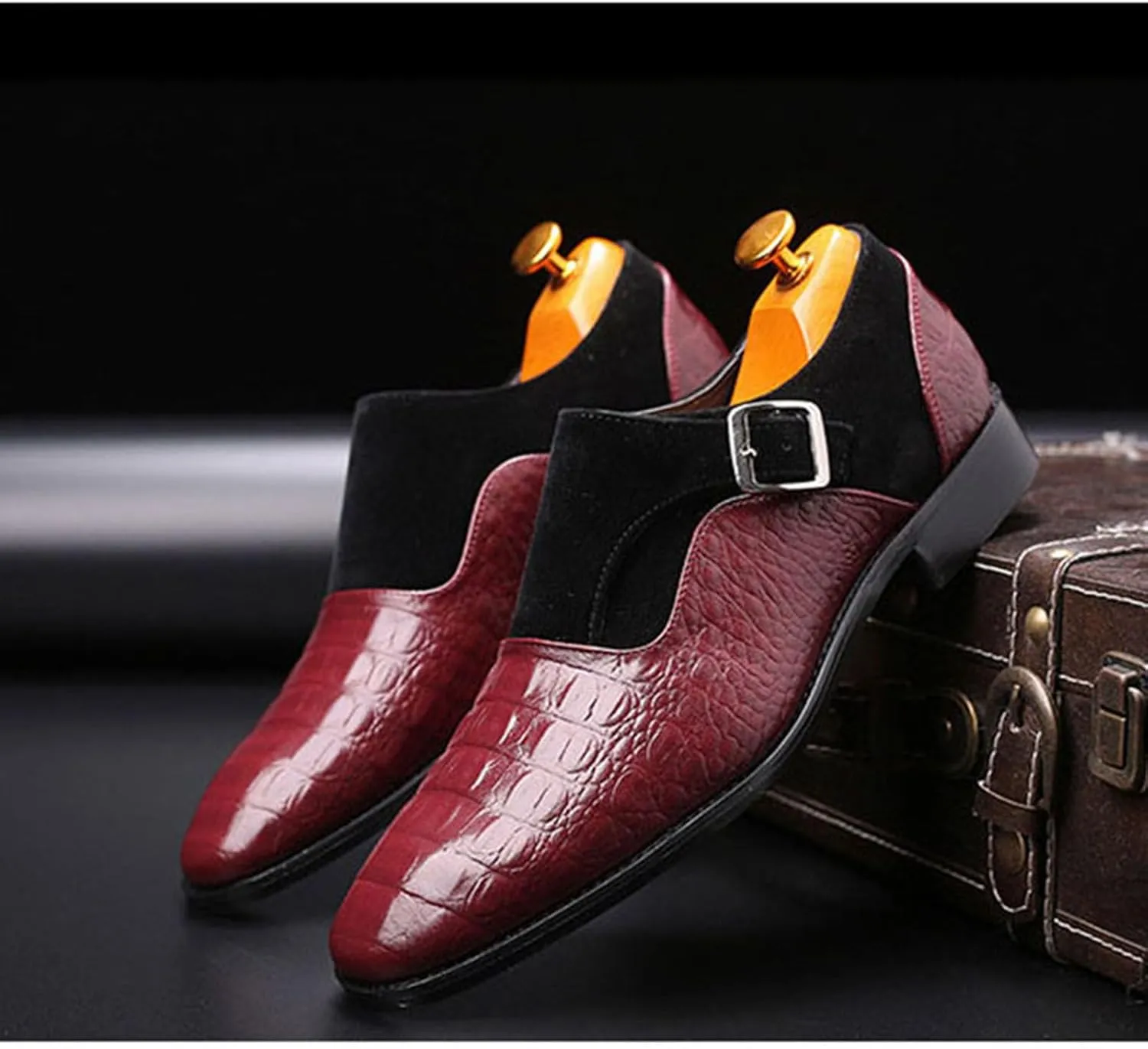Men's Dress Crocodile Print Loafers Elastic Slip on with Buckle Fashion Shoes Wedding Shoes