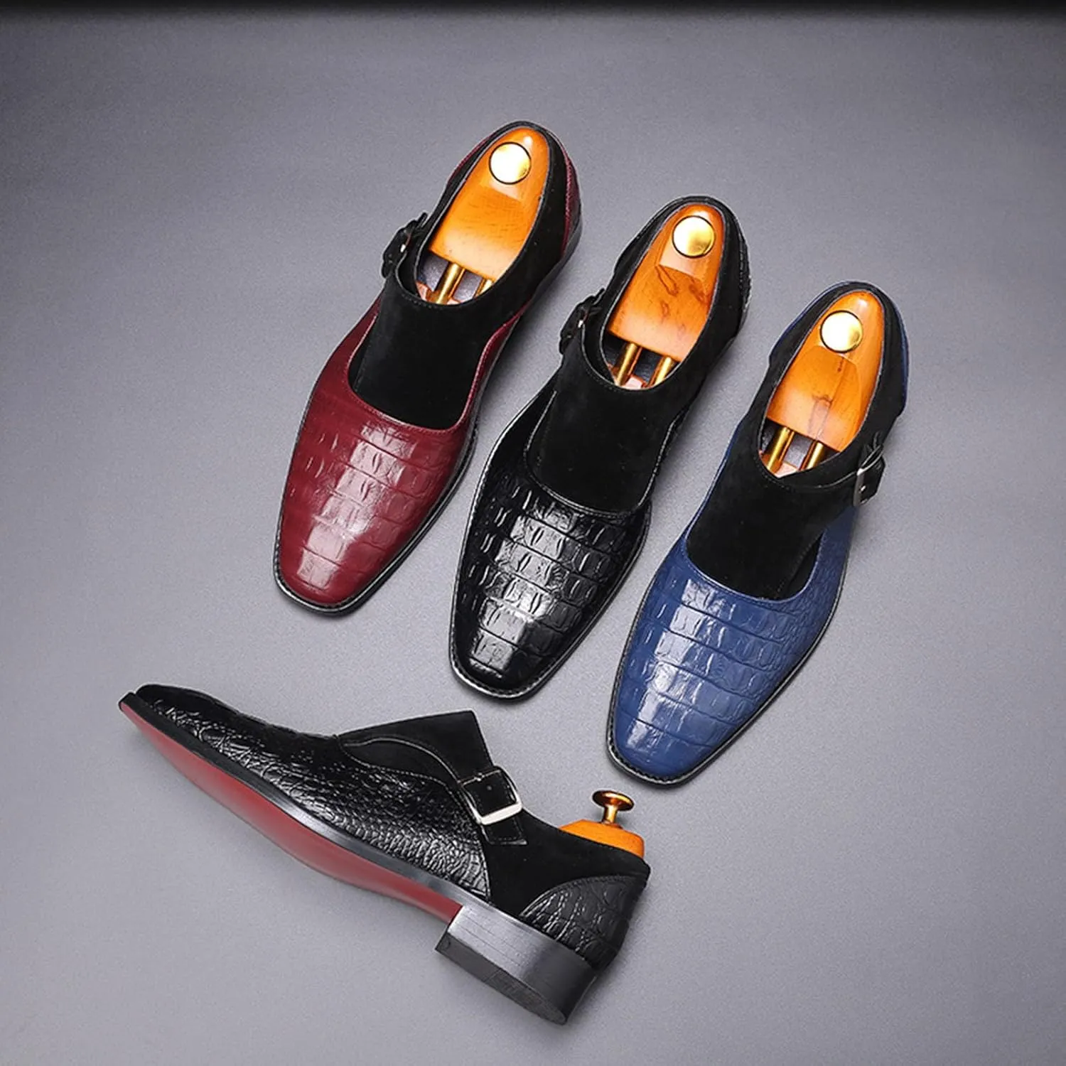 Men's Dress Crocodile Print Loafers Elastic Slip on with Buckle Fashion Shoes Wedding Shoes