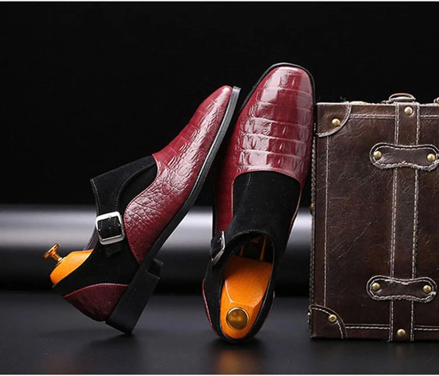 Men's Dress Crocodile Print Loafers Elastic Slip on with Buckle Fashion Shoes Wedding Shoes