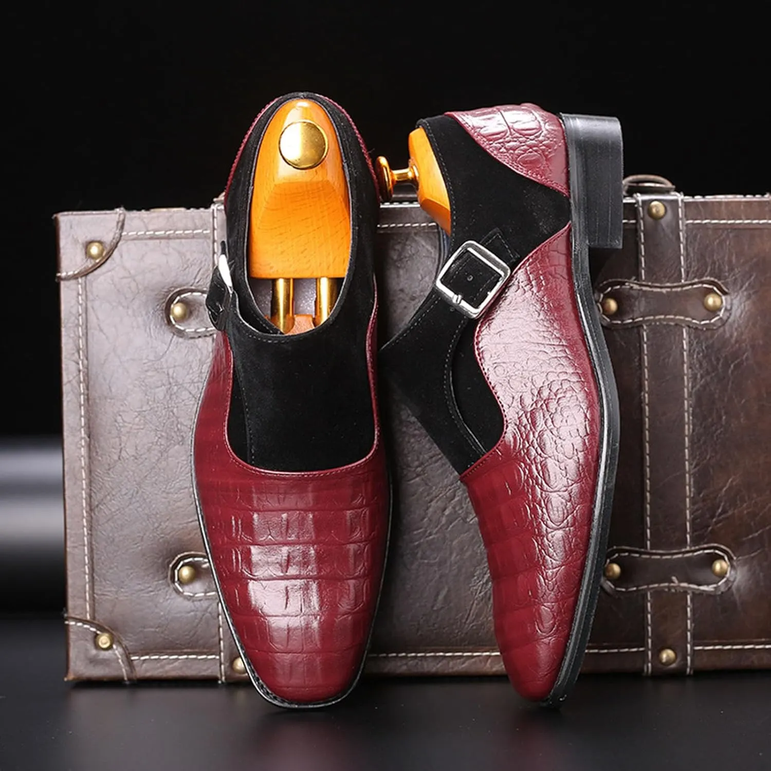 Men's Dress Crocodile Print Loafers Elastic Slip on with Buckle Fashion Shoes Wedding Shoes