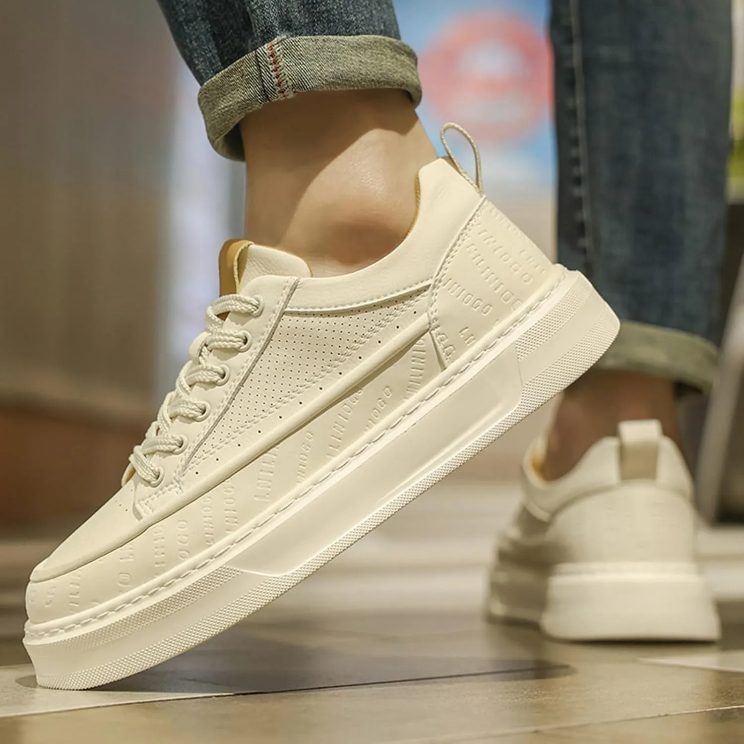 Men's Fashion Breathable Hollow Leather Platform Lace Up Sneakers Casual Retro Lightweight Round Toe Non Slip Walking Daily Skating Shoes