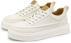 Men's Fashion Breathable Hollow Leather Platform Lace Up Sneakers Casual Retro Lightweight Round Toe Non Slip Walking Daily Skating Shoes