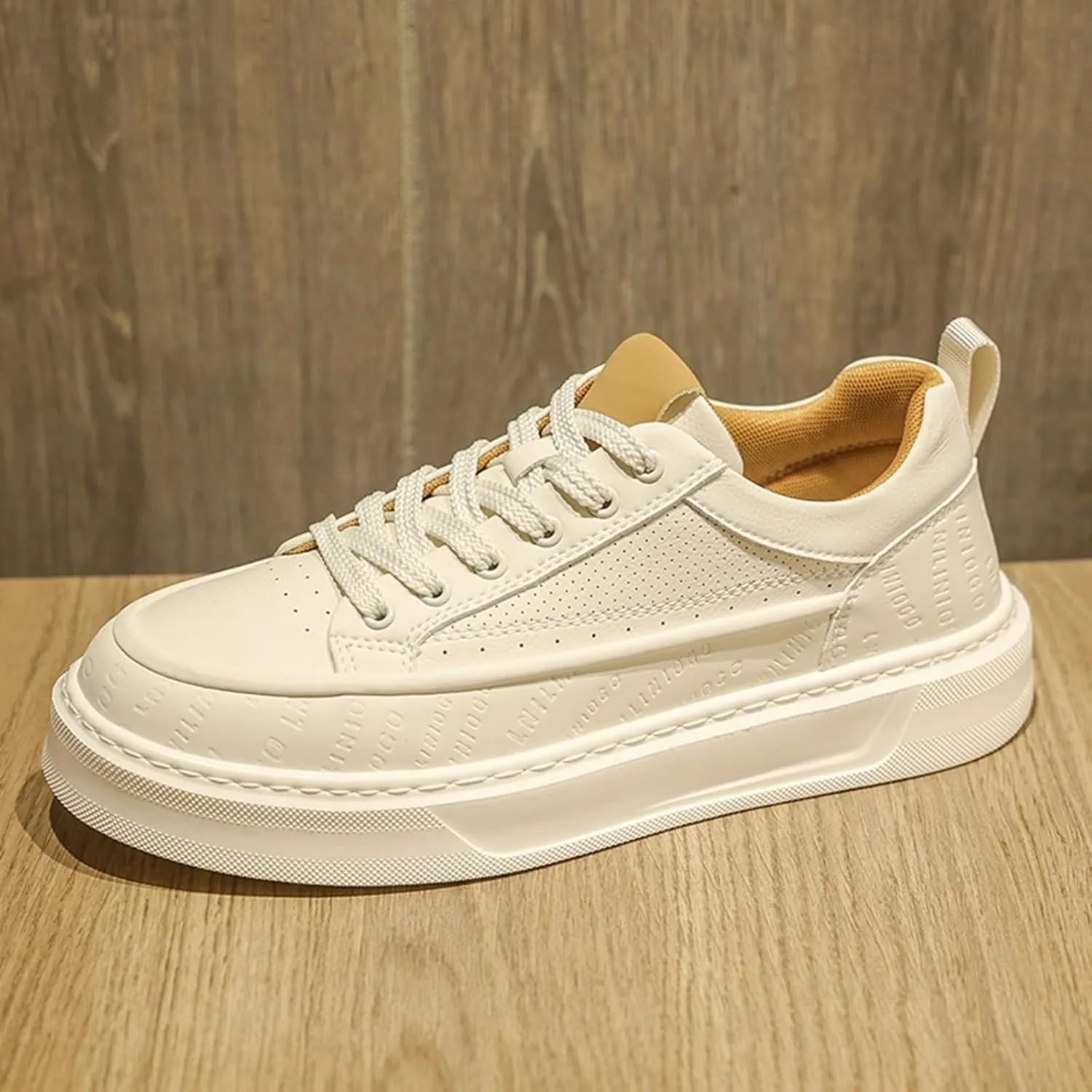Men's Fashion Breathable Hollow Leather Platform Lace Up Sneakers Casual Retro Lightweight Round Toe Non Slip Walking Daily Skating Shoes