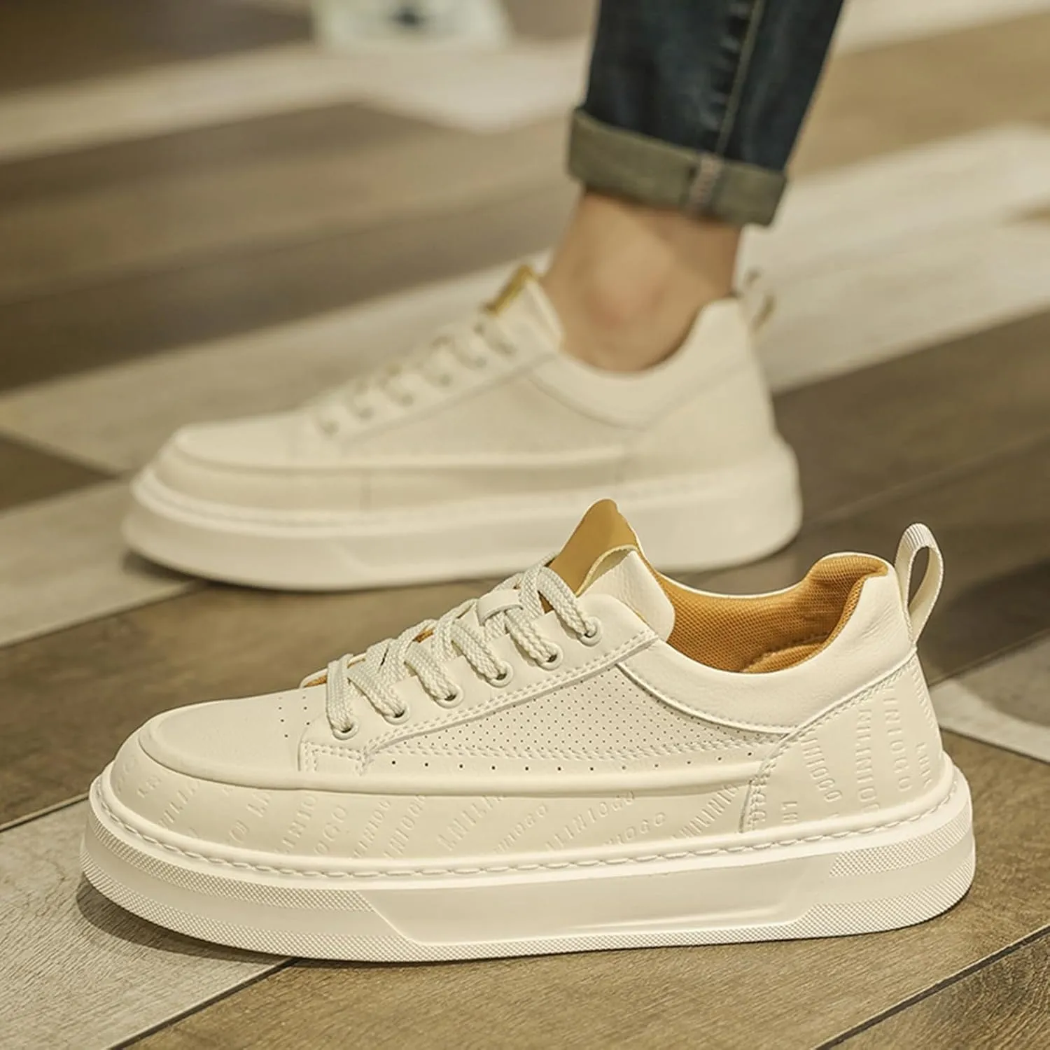 Men's Fashion Breathable Hollow Leather Platform Lace Up Sneakers Casual Retro Lightweight Round Toe Non Slip Walking Daily Skating Shoes
