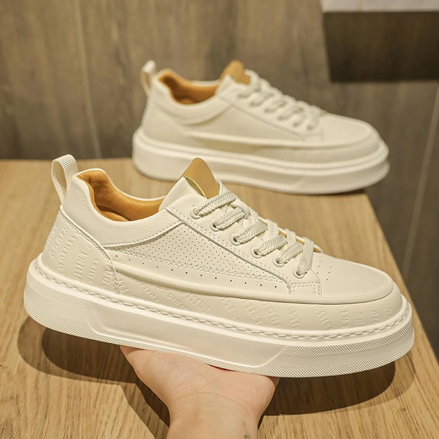 Men's Fashion Breathable Hollow Leather Platform Lace Up Sneakers Casual Retro Lightweight Round Toe Non Slip Walking Daily Skating Shoes