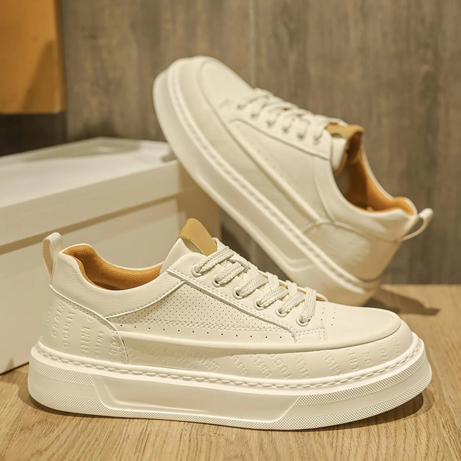 Men's Fashion Breathable Hollow Leather Platform Lace Up Sneakers Casual Retro Lightweight Round Toe Non Slip Walking Daily Skating Shoes