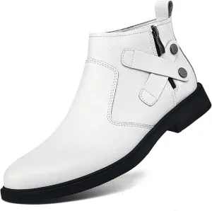 Men's Genuine Leather Pointed Chelsea Boots with Side Zipper Winter Plus Velvet Chunky Heel Non-Slip Dress Chukka Boots Suitable for Driving Work