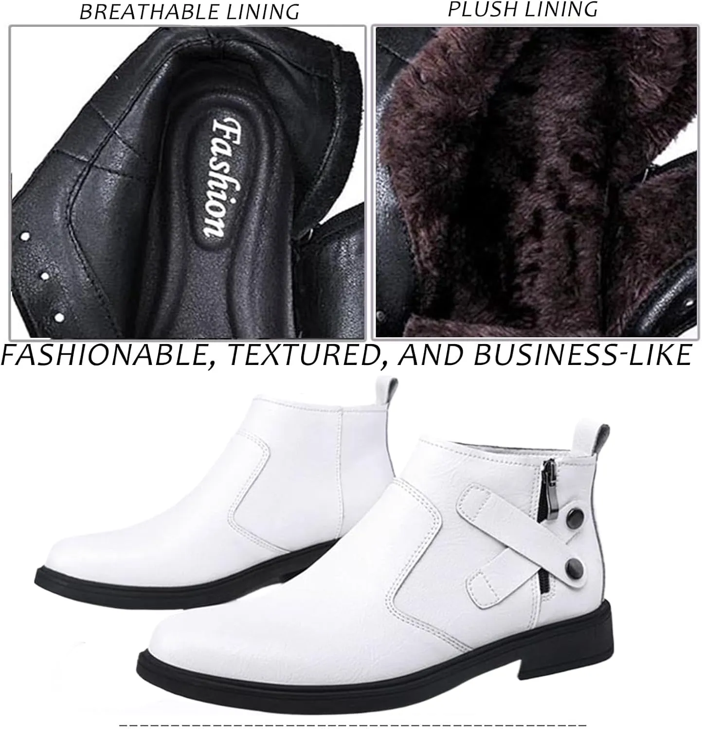 Men's Genuine Leather Pointed Chelsea Boots with Side Zipper Winter Plus Velvet Chunky Heel Non-Slip Dress Chukka Boots Suitable for Driving Work