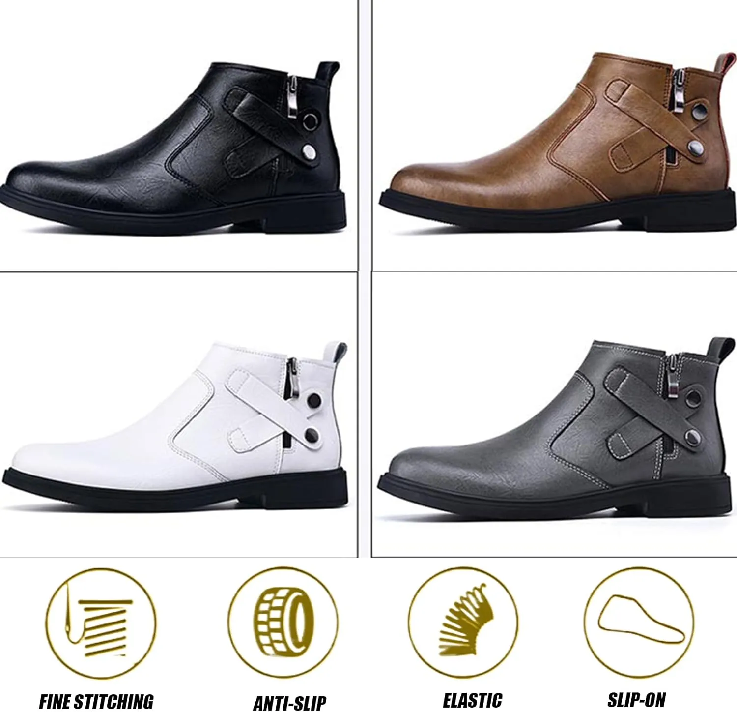 Men's Genuine Leather Pointed Chelsea Boots with Side Zipper Winter Plus Velvet Chunky Heel Non-Slip Dress Chukka Boots Suitable for Driving Work