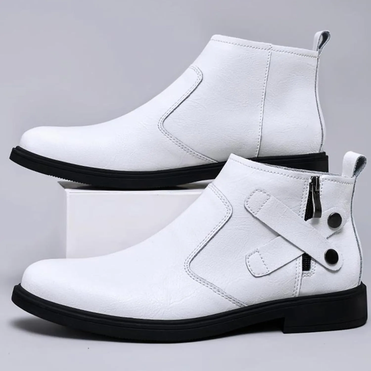 Men's Genuine Leather Pointed Chelsea Boots with Side Zipper Winter Plus Velvet Chunky Heel Non-Slip Dress Chukka Boots Suitable for Driving Work