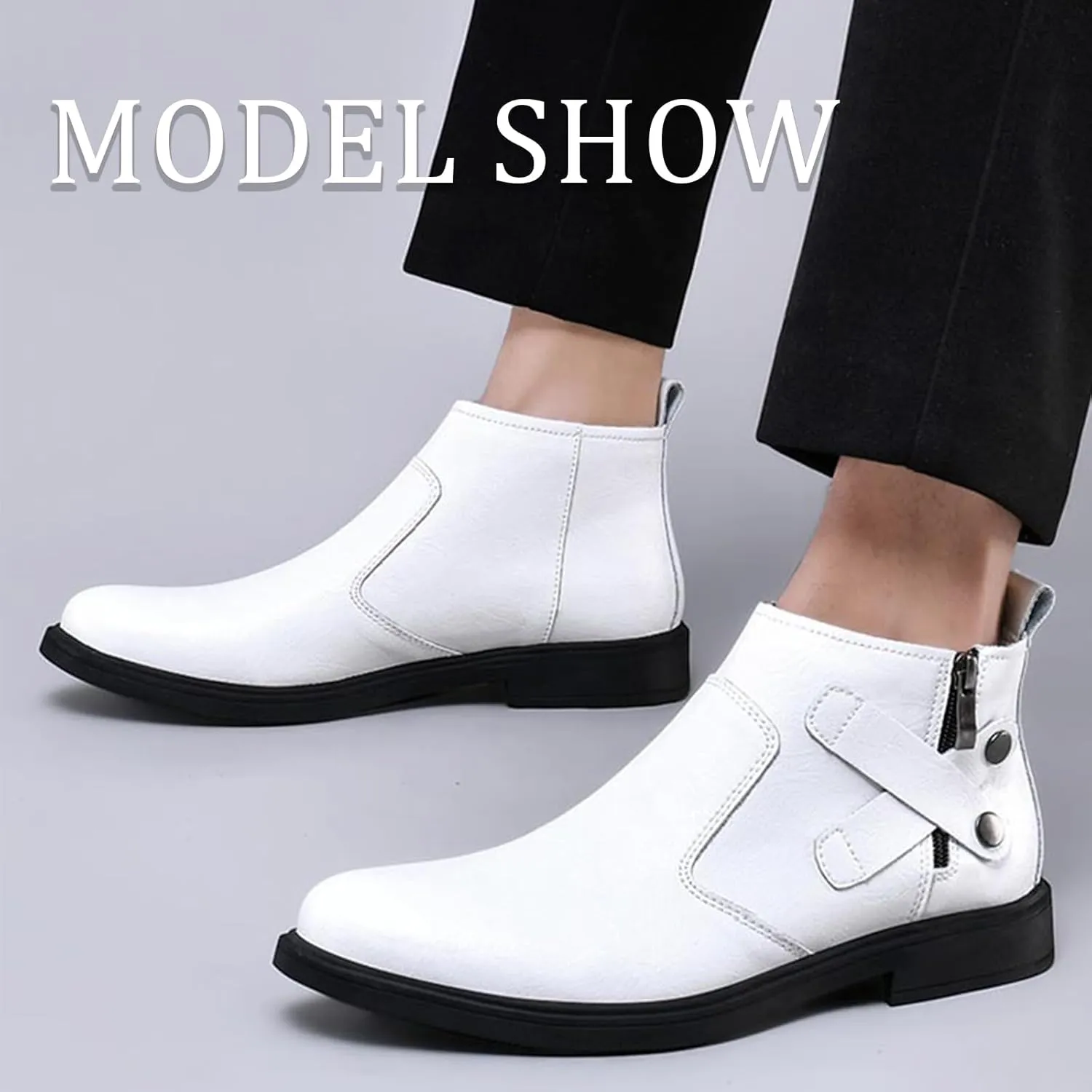 Men's Genuine Leather Pointed Chelsea Boots with Side Zipper Winter Plus Velvet Chunky Heel Non-Slip Dress Chukka Boots Suitable for Driving Work
