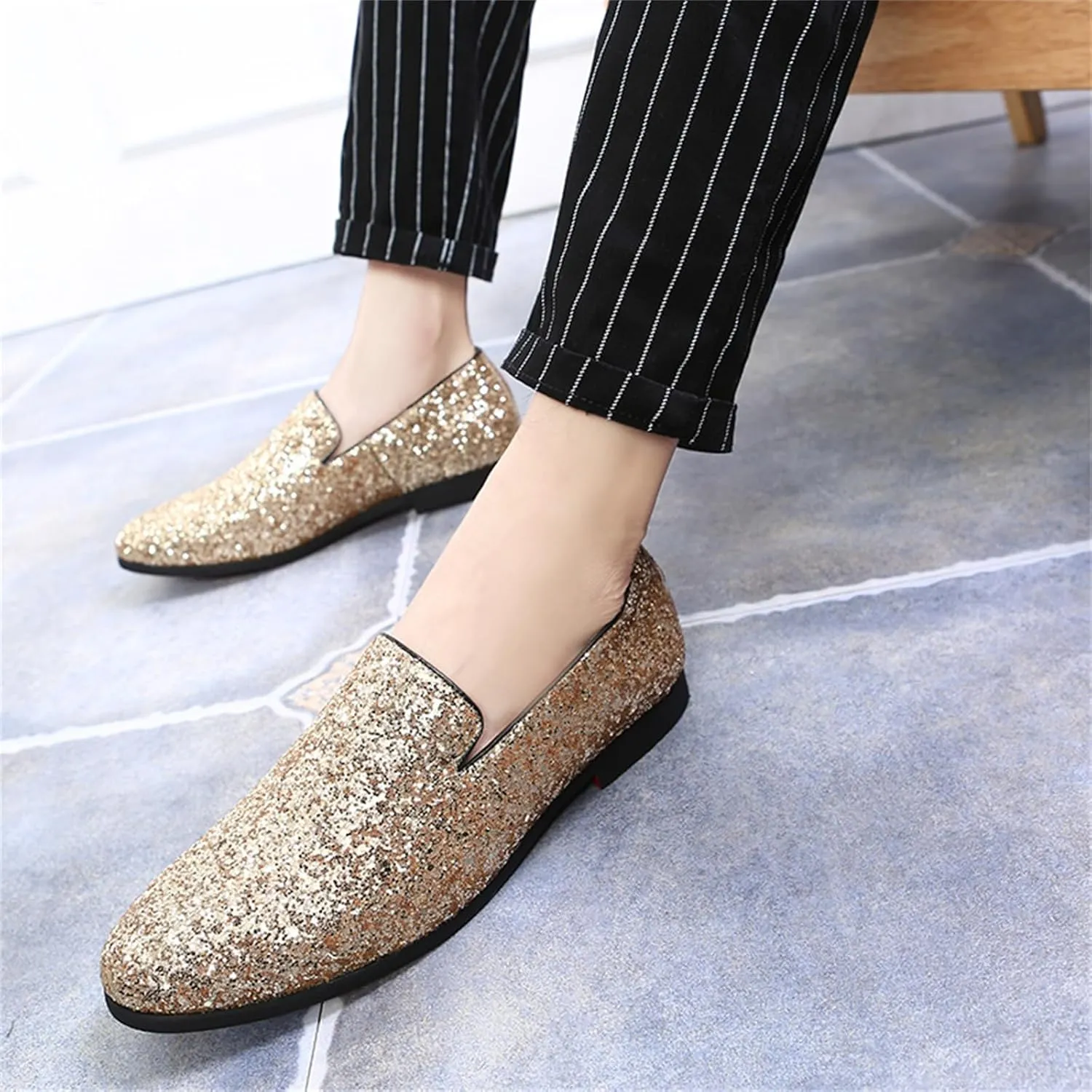 Mens Glitter Rhinestone Slip-On Tuxedo Loafers Classic Wingtip Dress Party Wedding Sparkly Penny Smoking Slippers
