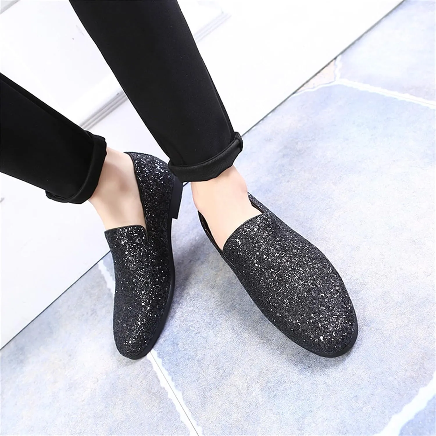 Mens Glitter Rhinestone Slip-On Tuxedo Loafers Classic Wingtip Dress Party Wedding Sparkly Penny Smoking Slippers
