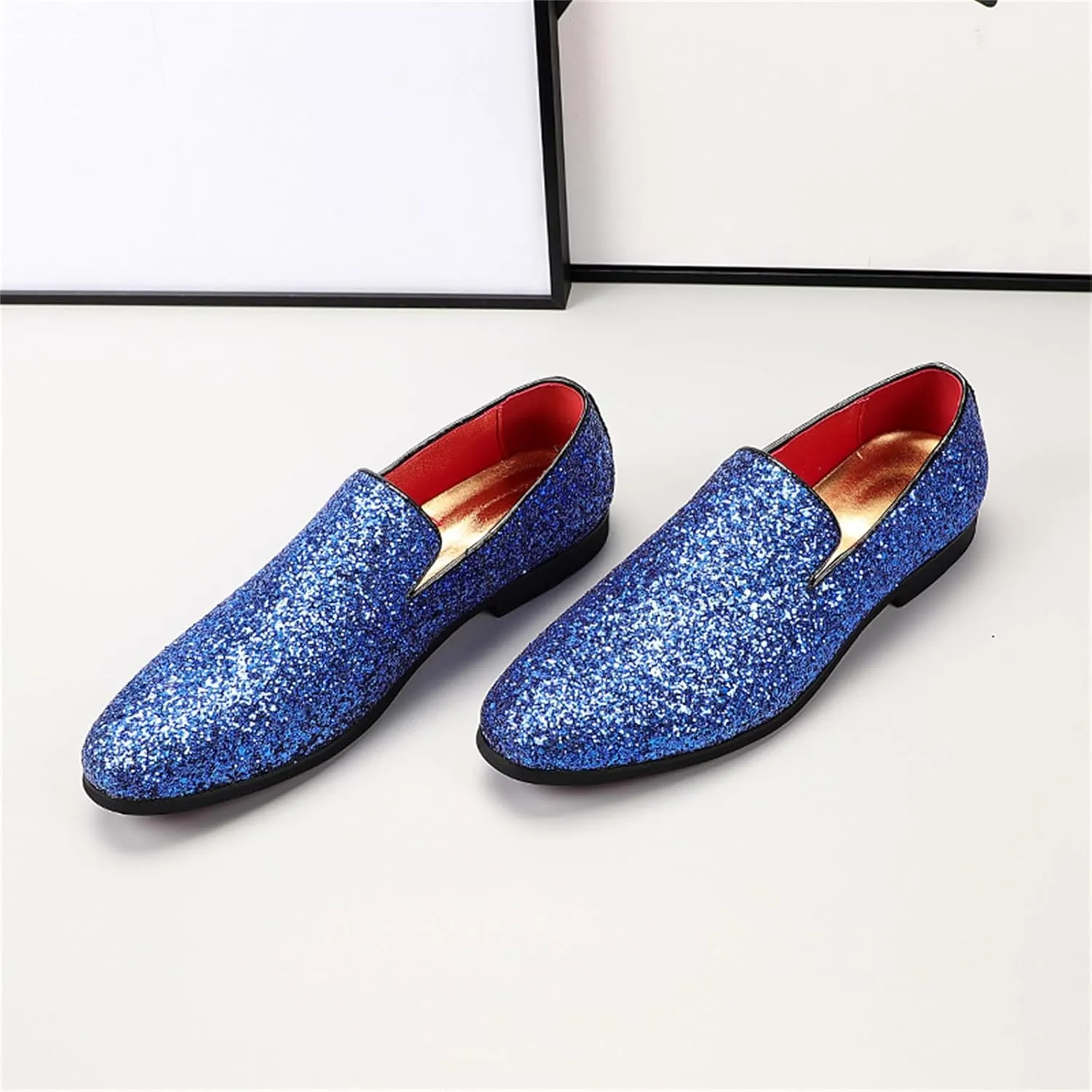 Mens Glitter Rhinestone Slip-On Tuxedo Loafers Classic Wingtip Dress Party Wedding Sparkly Penny Smoking Slippers
