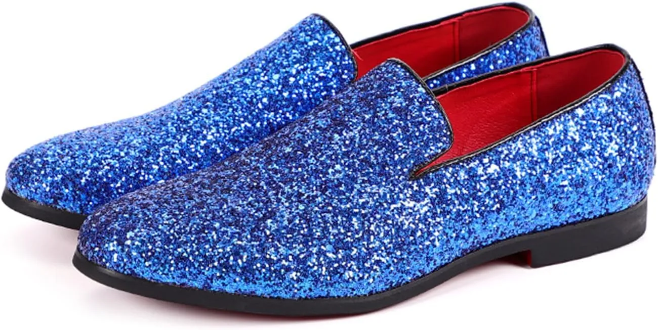 Mens Glitter Rhinestone Slip-On Tuxedo Loafers Classic Wingtip Dress Party Wedding Sparkly Penny Smoking Slippers