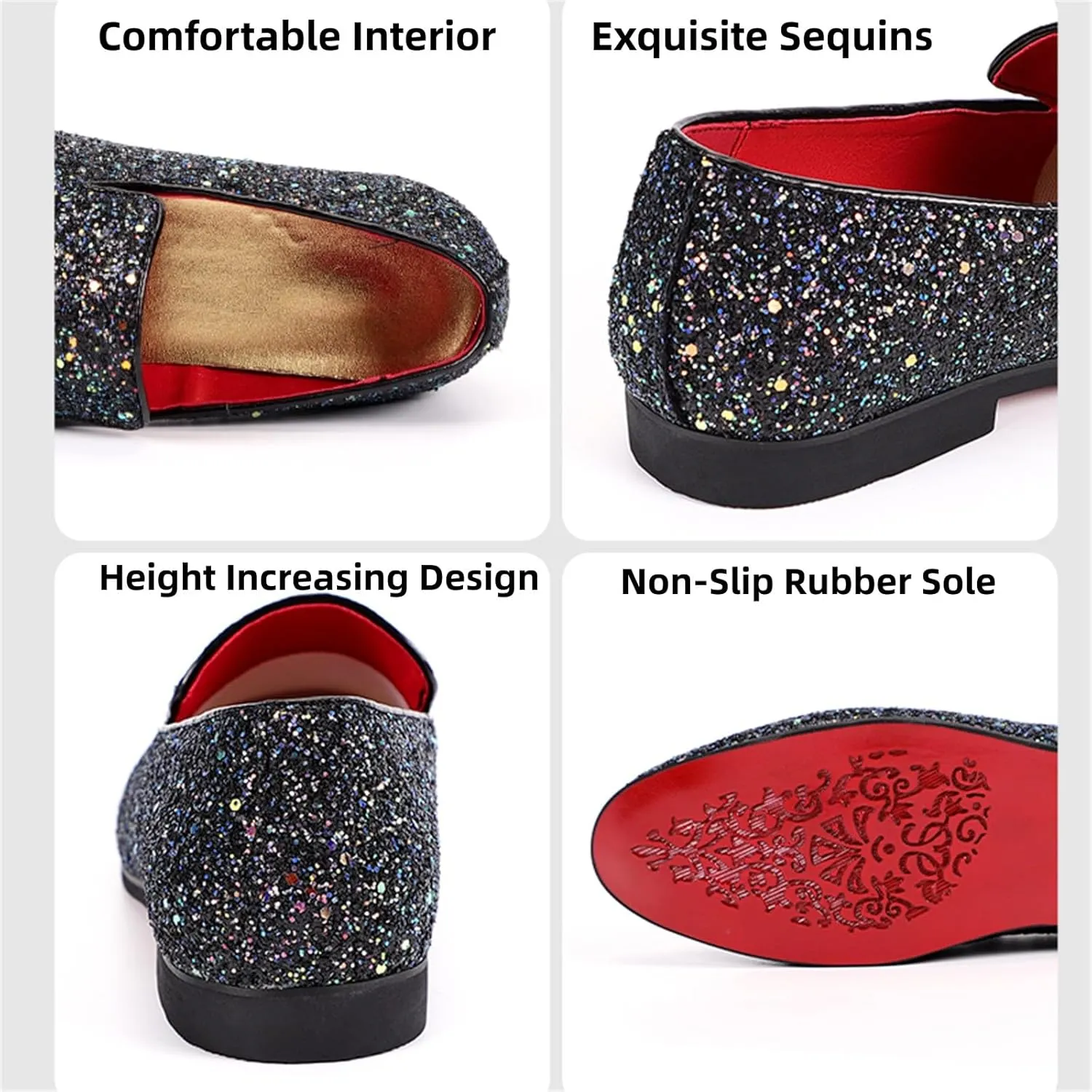 Mens Glitter Rhinestone Slip-On Tuxedo Loafers Classic Wingtip Dress Party Wedding Sparkly Penny Smoking Slippers
