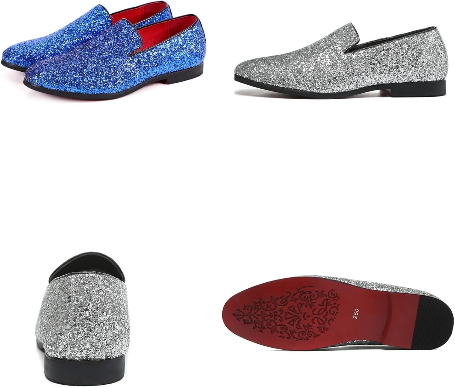 Mens Glitter Rhinestone Slip-On Tuxedo Loafers Classic Wingtip Dress Party Wedding Sparkly Penny Smoking Slippers