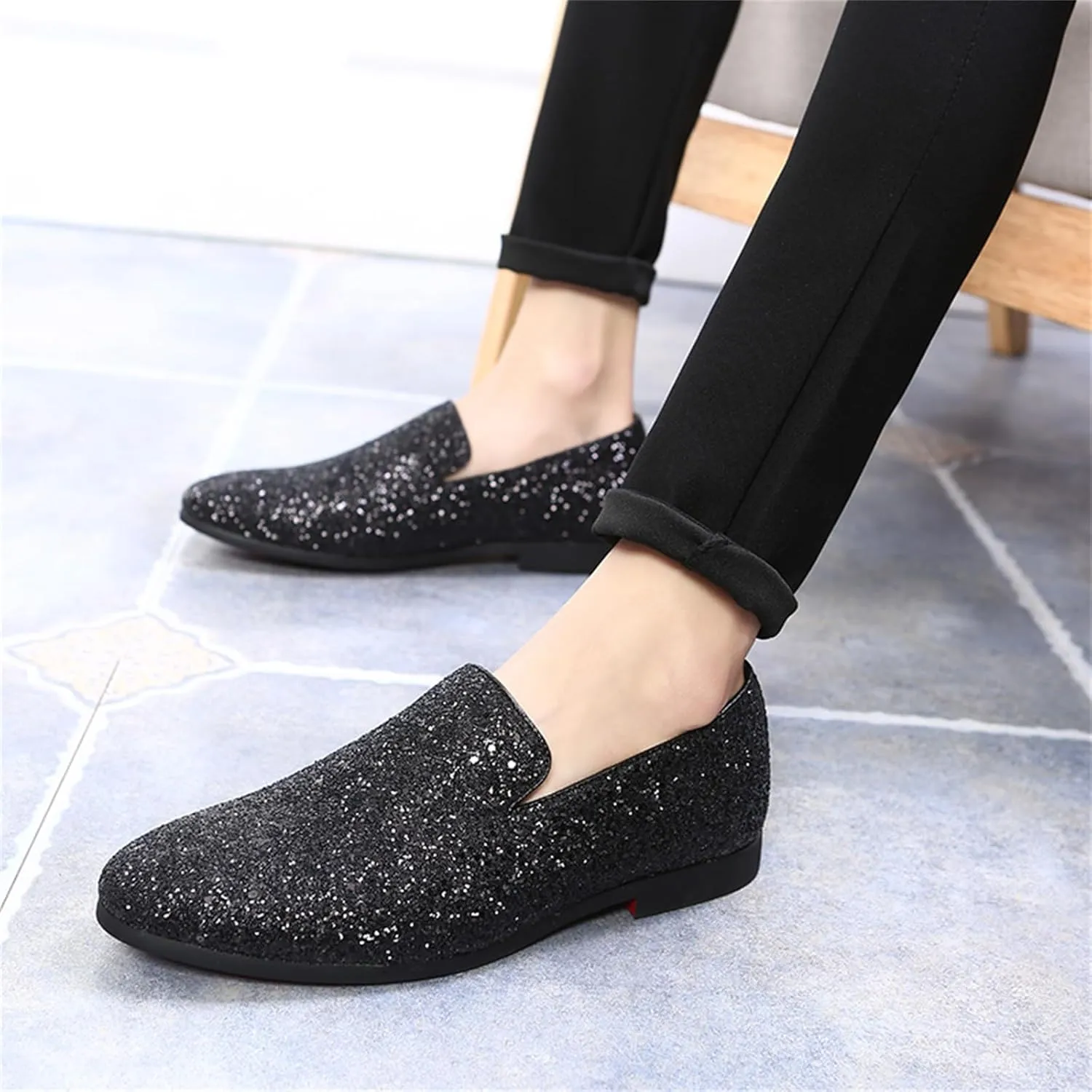 Mens Glitter Rhinestone Slip-On Tuxedo Loafers Classic Wingtip Dress Party Wedding Sparkly Penny Smoking Slippers