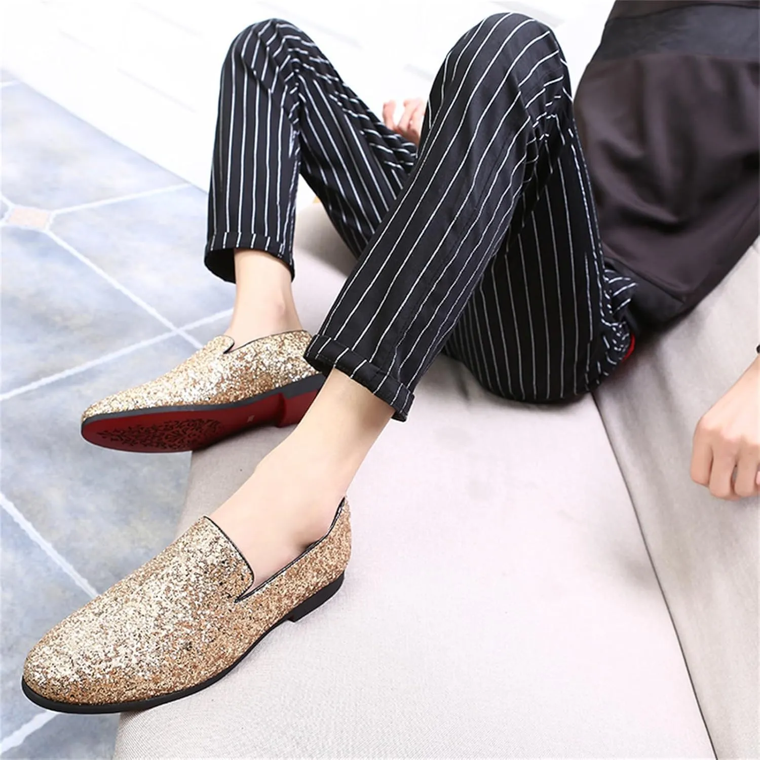 Mens Glitter Rhinestone Slip-On Tuxedo Loafers Classic Wingtip Dress Party Wedding Sparkly Penny Smoking Slippers