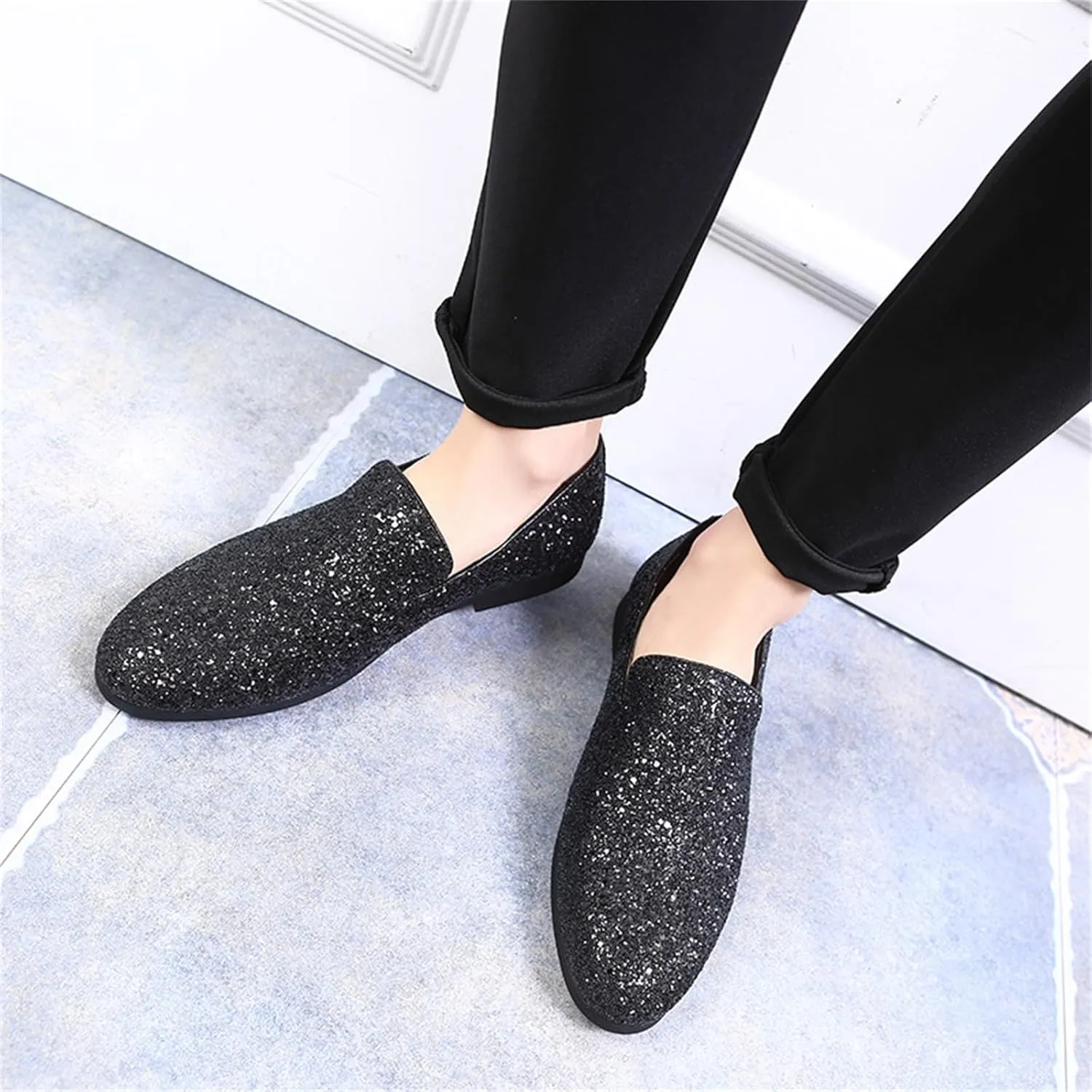 Mens Glitter Rhinestone Slip-On Tuxedo Loafers Classic Wingtip Dress Party Wedding Sparkly Penny Smoking Slippers