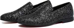 Mens Glitter Rhinestone Slip-On Tuxedo Loafers Classic Wingtip Dress Party Wedding Sparkly Penny Smoking Slippers