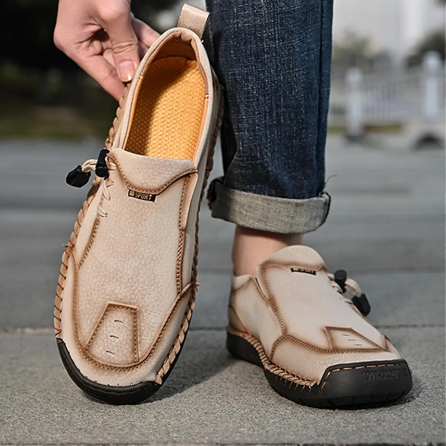 Men's Leather Hand-Sewn Casual Loafers Fashion Side Elastic Straps Slip-On Soft Flats Sneakers Fashion Lightweight Anti-Slip Walking Driving Shoes