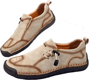 Men's Leather Hand-Sewn Casual Loafers Fashion Side Elastic Straps Slip-On Soft Flats Sneakers Fashion Lightweight Anti-Slip Walking Driving Shoes